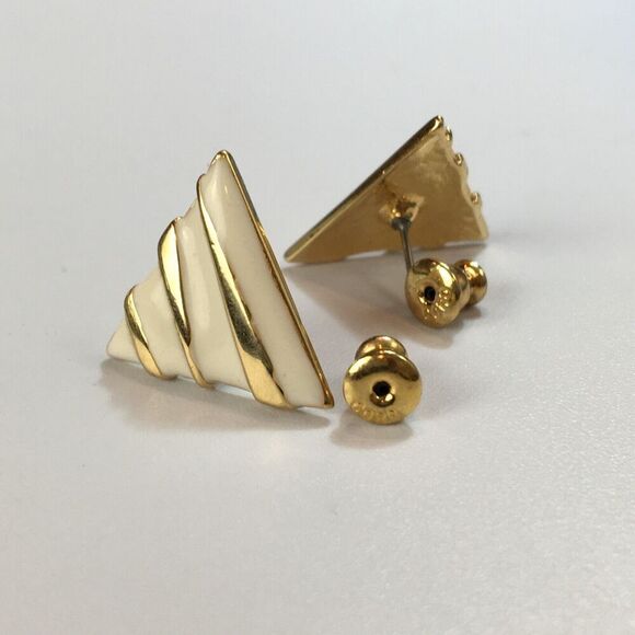 Vintage Coro Earrings Gold Tone White Enamel Triangle Studs Posts - Picture 10 of 12